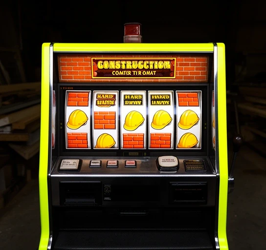 The letsbuild slot cabinet mid-spin, three reels stopped on bricks and one on a hard hat