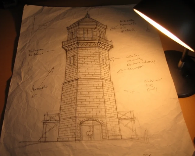 A messy hand-drawn blueprint of the letsbuild tower with arrows, scribbles, and the words 'wobble here'