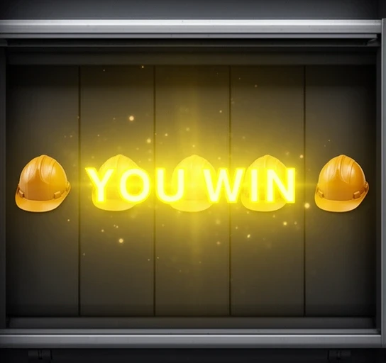 A you-win flash overlaid on the cabinet after five hard hats land on the middle row