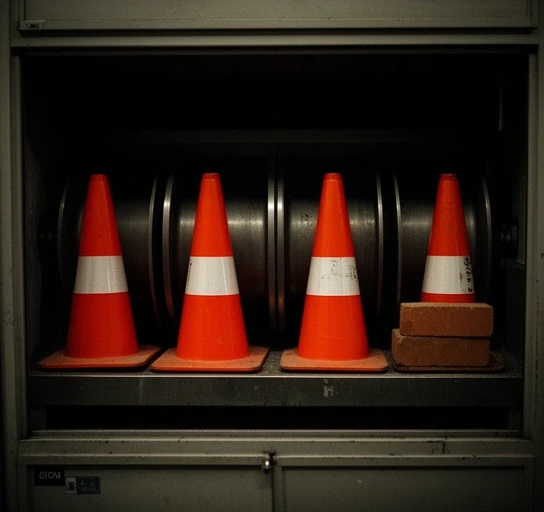 Cabinet showing a near-miss with four matching cones and a stray brick on the fifth reel